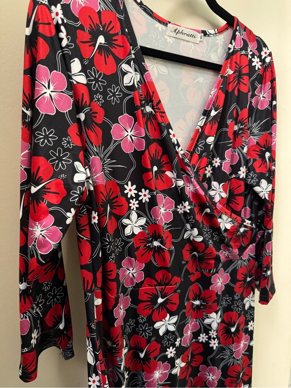Floral Maxi Knot Dress Black, Red, Hot Pink, White, Tie Waist, 3/4 Sleeves